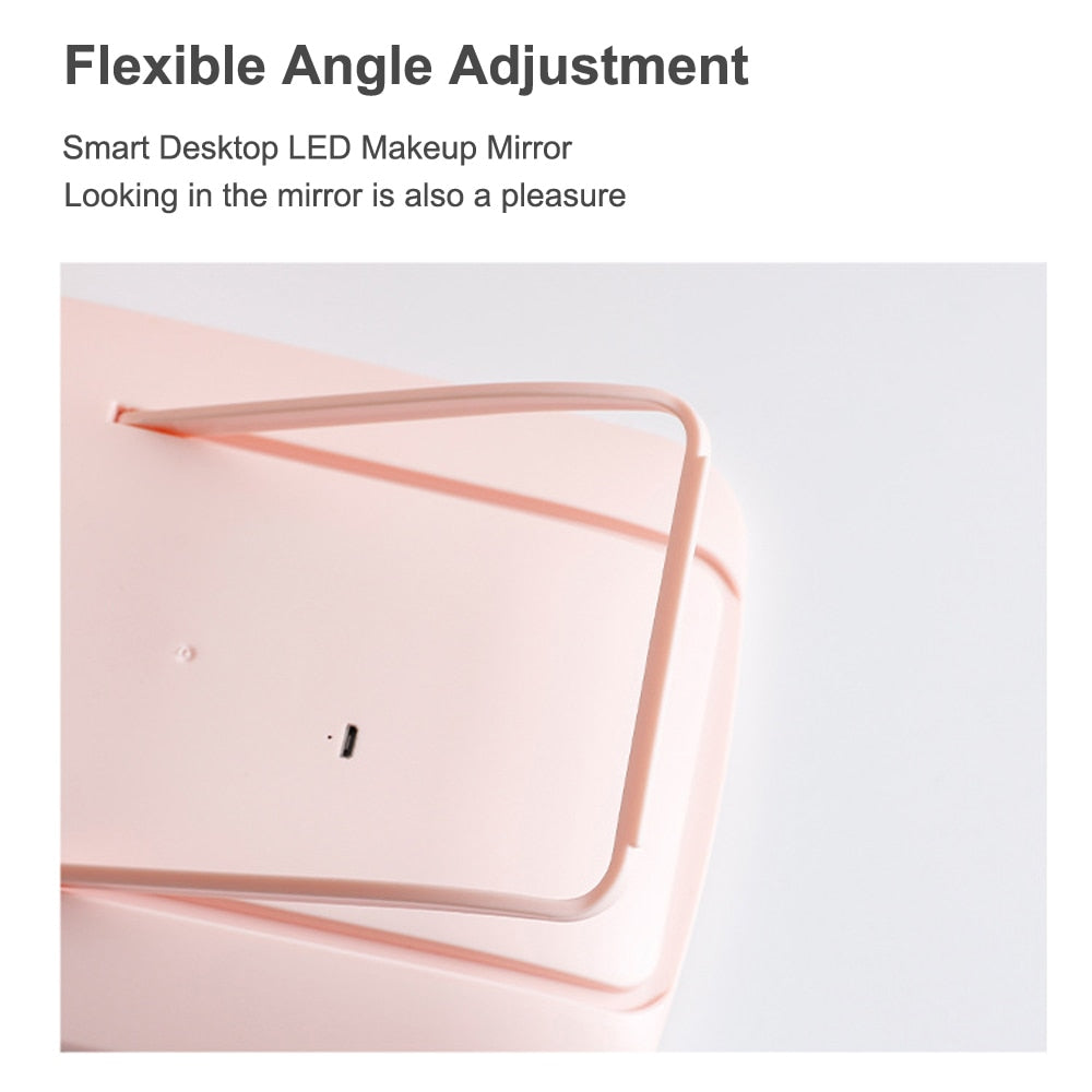 LED Makeup Mirror with touch screen and USB charging, featuring adjustable brightness and angle, available in white and pink.